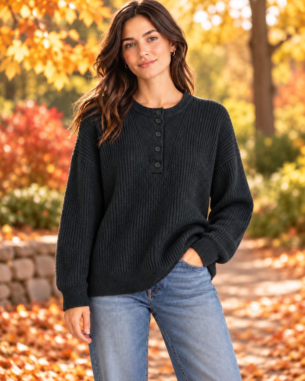 NAADAM 100% Cashmere Ribbed Henley Sweater S Charcoal Gray Oversized Unisex